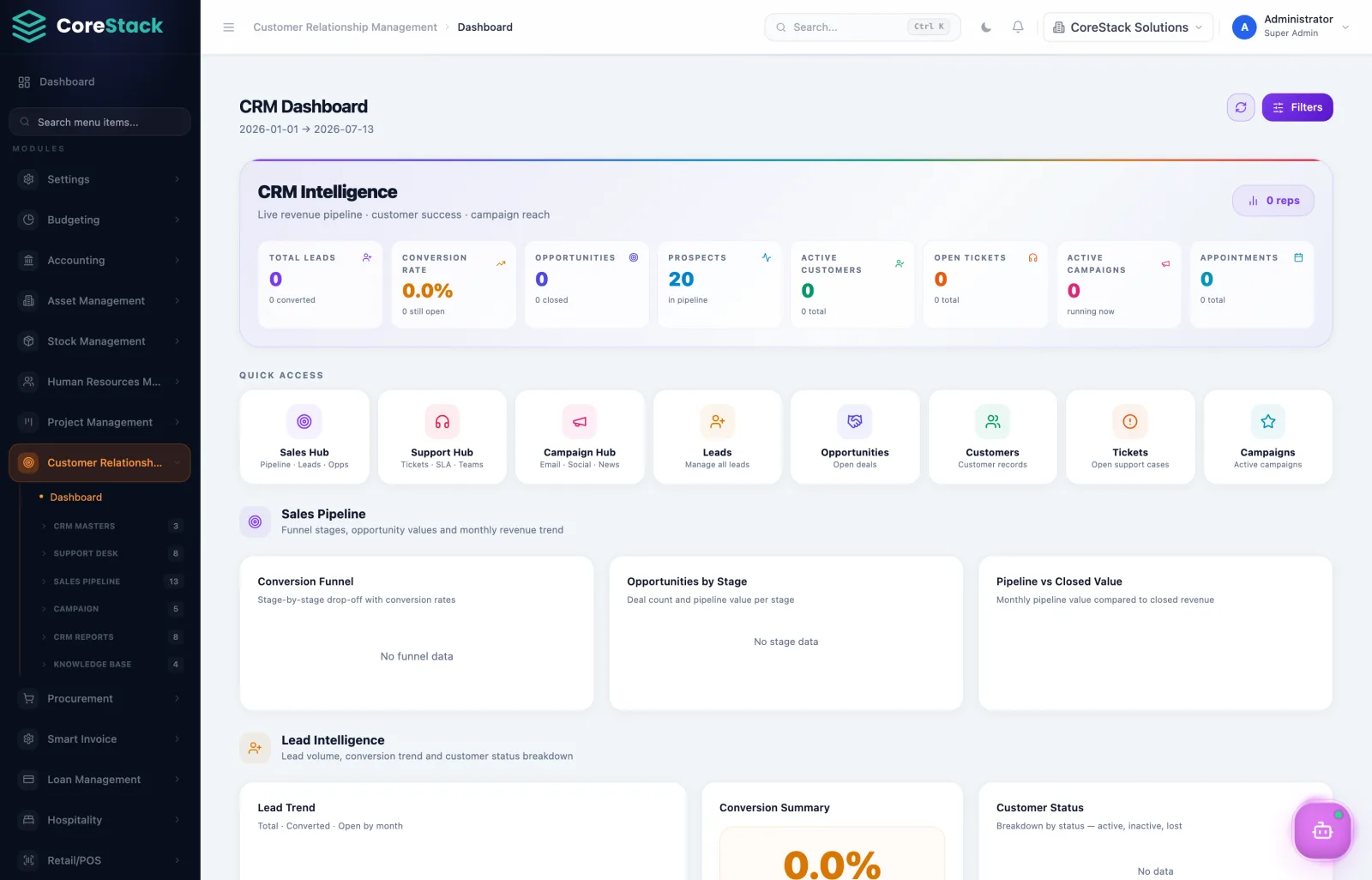 CoreStack ERP crm screen